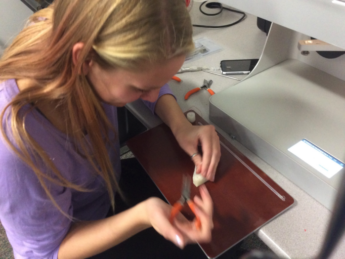 A student inserting fasteners into a 3D printed part.