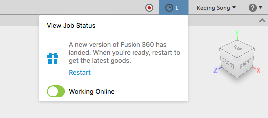 Autodesk Fusion 360 update ready notification
